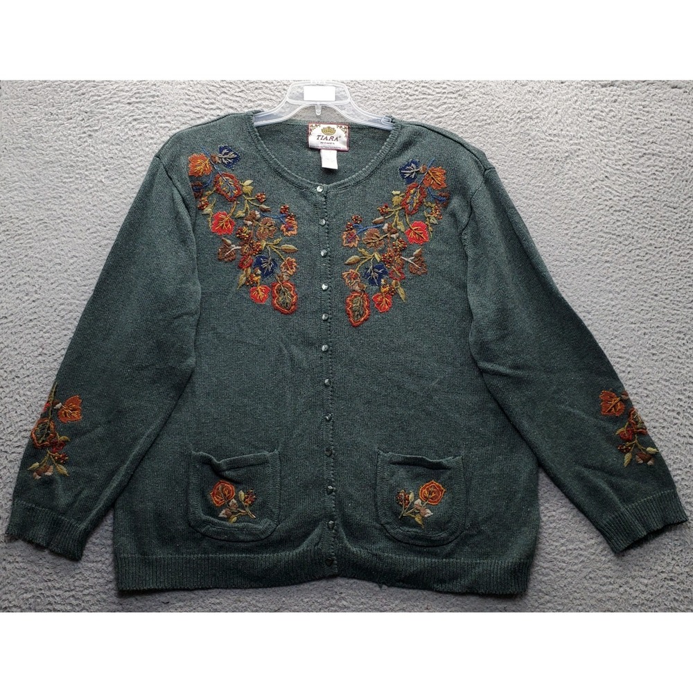Vtg Tiara Cardigan Sweater Womens 2X Multi Embroidered Fall Leaves Button Front